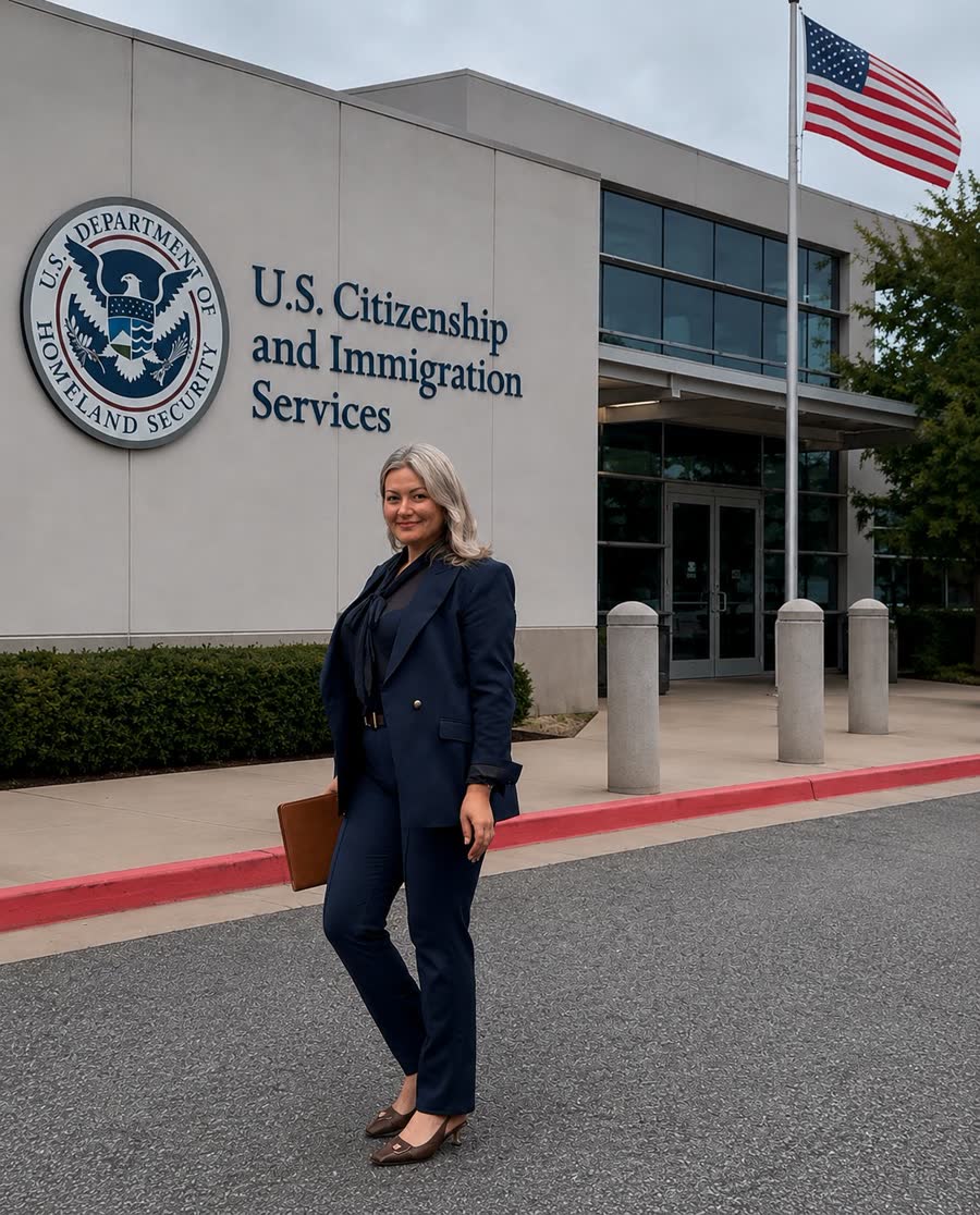 Olga outside the U.S. Citizenship and Immigration Services building